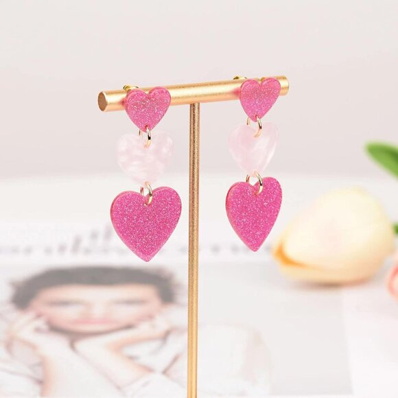 Heart Earrings Dangle Valentine's Day Earrings Pink Heart Earrings Red Heart Ear - Picture 7 of 8
